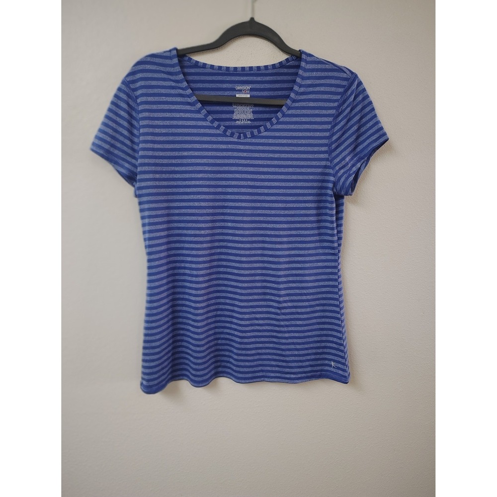 Danskin Now Womens Blue Striped V-Neck Short Sleeve Activewear Top Large 12-14